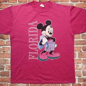 Vintage Mickey Mouse Disney Florida Neon Pink 50/50 Beach L/XL T-Shirt USA 80s